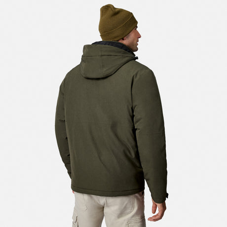 [Model is wearing size M.] A man wearing an olive green hooded jacket, shown from the back and side, paired with a brown beanie and light beige pants, against a plain light gray background.