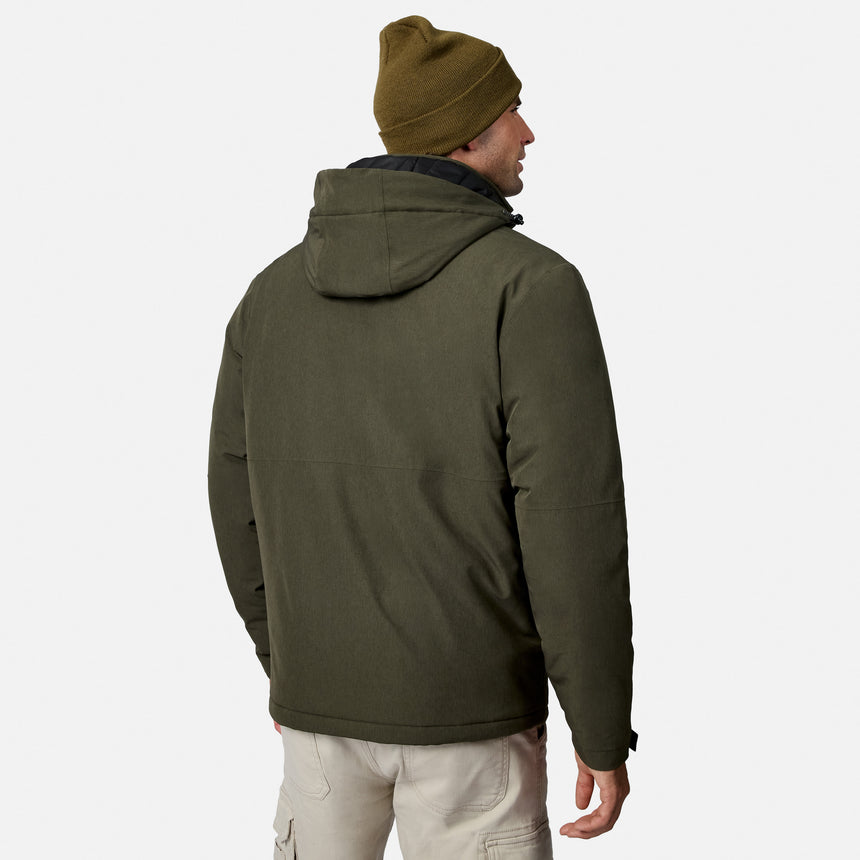[Model is wearing size M.] A man wearing an olive green hooded jacket, shown from the back and side, paired with a brown beanie and light beige pants, against a plain light gray background.