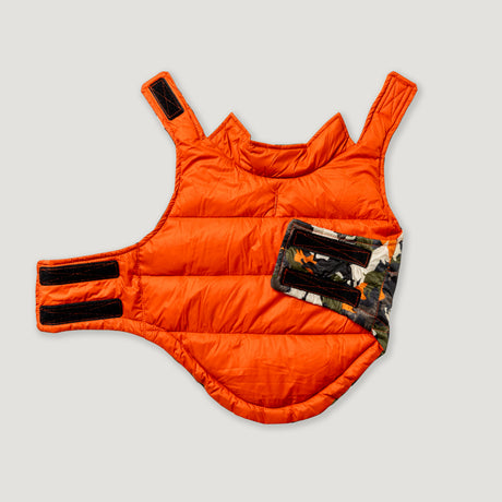 Clearance Dog Down Reversible Mock Jacket in bright orange with black velcro straps and a camouflage patch on one side, shown laid flat on a light background.