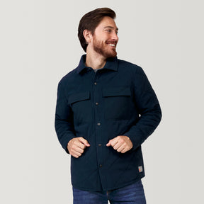 A man with brown hair and a beard, wearing the Clearance Men's Super Soft Microfleece Shirt Jacket over a light shirt and blue jeans, stands smiling and looking to his left against a plain light background.