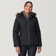 [Olga is 5’9" wearing a size Small.] Woman wearing Free Country Women's Brisk II Parka Jacket in black with a full front zipper opening, soft lining, attached hood with faux fur trim, recycled polyester fill, and water resistant and wind resistant stretch performance fabric, light grey background. Perfect women’s  jacket for fall weather.