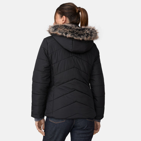 [Olga is 5’9" wearing a size Small.] Woman wearing Free Country Women's Brisk II Parka Jacket in black with a full front zipper opening, soft lining, attached hood with faux fur trim, recycled polyester fill, and water resistant and wind resistant stretch performance fabric, light grey background. Perfect women’s  jacket for fall weather.