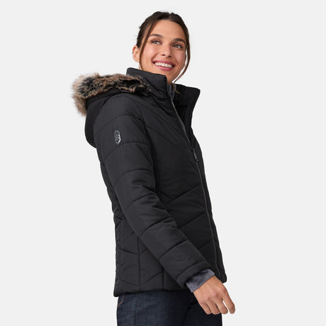 [Olga is 5’9" wearing a size Small.] Woman wearing Free Country Women's Brisk II Parka Jacket in black with a full front zipper opening, soft lining, attached hood with faux fur trim, recycled polyester fill, and water resistant and wind resistant stretch performance fabric, light grey background. Perfect women’s  jacket for fall weather.