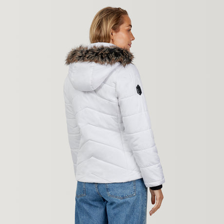 [Chelsea is 5'11.5" wearing a size Small.] Woman wearing Free Country Women's Brisk II Parka Jacket in white with a full front zipper opening, soft lining, attached hood with faux fur trim, recycled polyester fill, and water resistant and wind resistant stretch performance fabric, light grey background. Perfect women’s  jacket for fall weather.