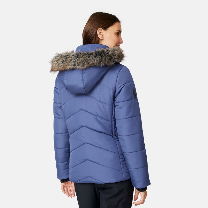 [Jessica is 5'9.5" wearing size S.] Woman wearing a blue puffer jacket with a fur-lined hood on a white background