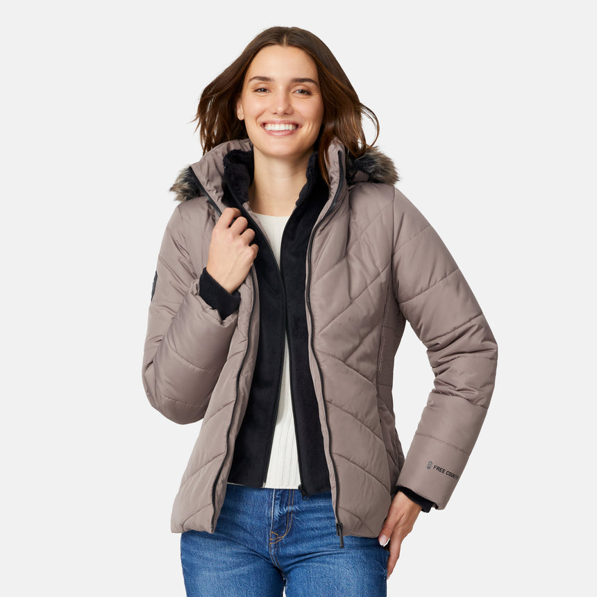 [Jessica is 5'9.5" wearing size S.] Woman wearing a beige quilted jacket on a white background