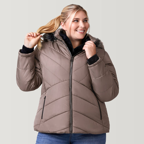 [Lola is 5'10.5" wearing a size 1X.] Women's Plus Size Brisk II Parka Jacket - Driftwood - 1X #color_driftwood