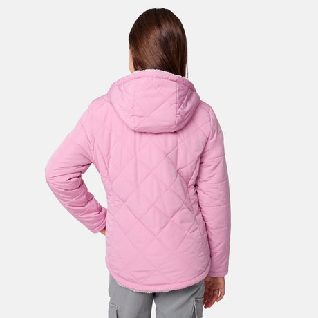 [Samantha is wearing size M] Model wearing a quilted light pink Free Country hooded jacket with diagonal stitching and soft interior lining; casually styled with gray utility pants and a white tee for a laid-back, trail-to-town vibe.