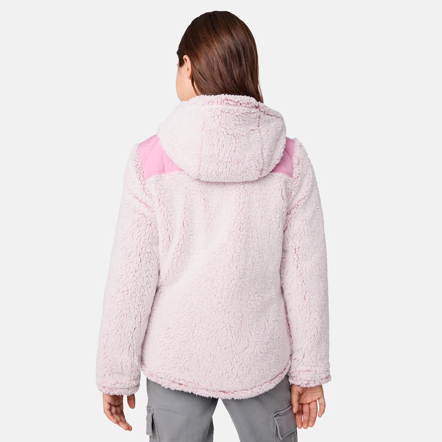 [Samantha is wearing size M] Model wearing a quilted light pink Free Country hooded jacket with diagonal stitching and soft interior lining; casually styled with gray utility pants and a white tee for a laid-back, trail-to-town vibe.