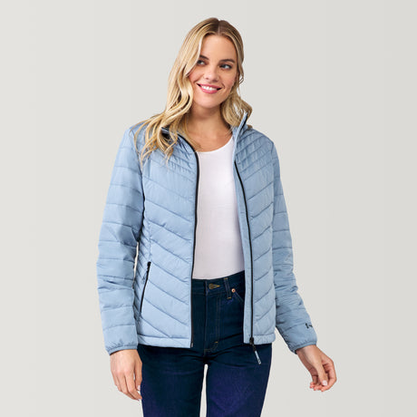 A smiling woman with long blonde hair wears the Clearance Women's FreeCycle® Lansby Packable Puffer Jacket in light blue over a white top and dark jeans, standing against a plain light gray background.