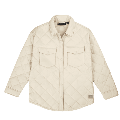 The Women's Trailblazer Quilted Shacket by Clearance is a light beige, water-resistant, long-sleeve shirt-jacket with snap buttons, two chest flap pockets, diamond stitching, and a hem label—ideal for outdoor adventures.