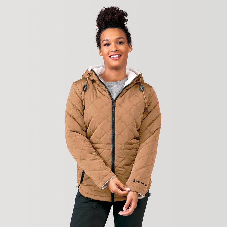 [Alexis is 5’6” wearing a size Small.] Women's Switch It Up Cloud Lite Reversible Jacket - S - Camel #color_camel