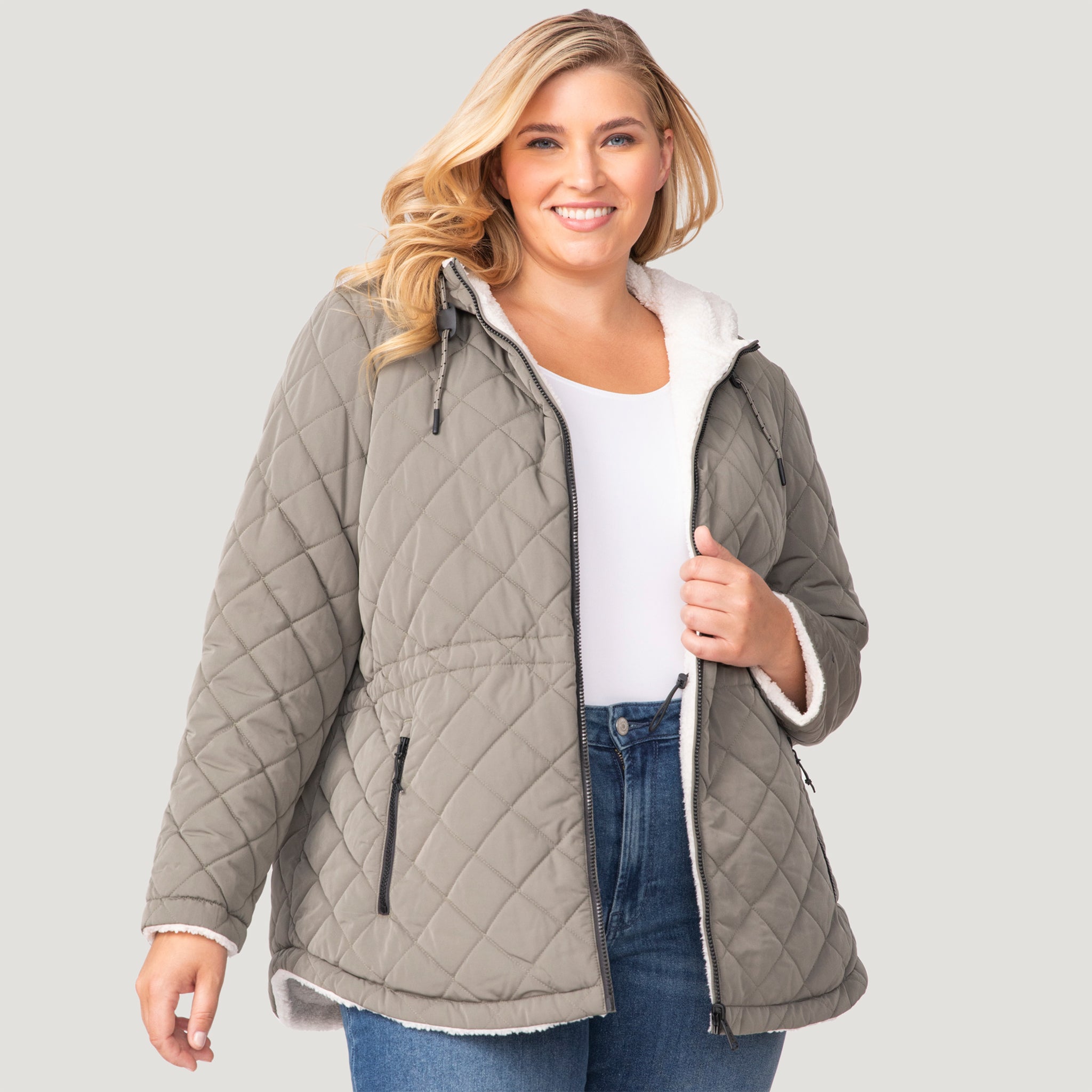 Free popular Country Woman Quilted Reversible Faux Shearling Jacket Size 1X Min Grey