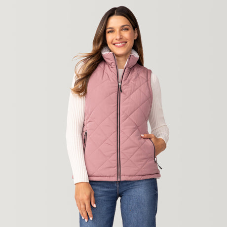 [Olga is 5’9" wearing a size Small.] Women's Expedition Stratus Lite Reversible Vest - S - Blossom #color_blossom