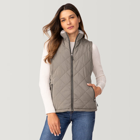 [Olga is 5’9" wearing a size Small.] Women's Expedition Stratus Lite Reversible Vest - S - Vine #color_vine