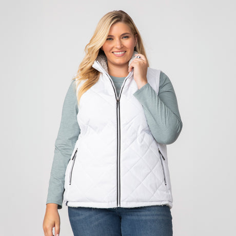 [Lola is 5'10.5" wearing a size 1X.] Women's Plus Size Expedition Stratus Lite Reversible Vest - 1X - White #color_white