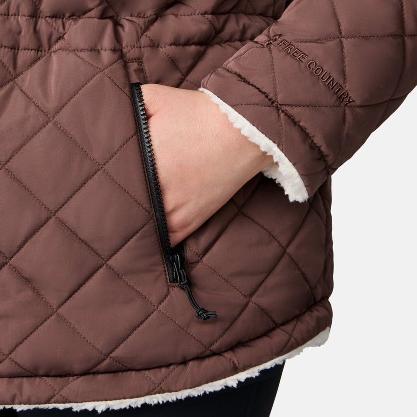 [Karissa is 5’9.5” wearing size 1X.] Women’s quilted brown hooded jacket with diamond pattern, zippered pockets, and drawstring waist — warm, fleece-lined outerwear for cold weather