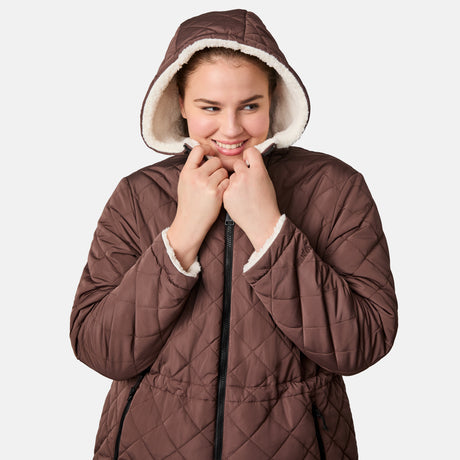 [Karissa is 5’9.5” wearing size 1X.] Women’s quilted brown hooded jacket with diamond pattern, zippered pockets, and drawstring waist — warm, fleece-lined outerwear for cold weather