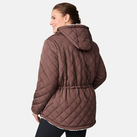 [Karissa is 5’9.5” wearing size 1X.] Women’s quilted brown hooded jacket with diamond pattern, zippered pockets, and drawstring waist — warm, fleece-lined outerwear for cold weather