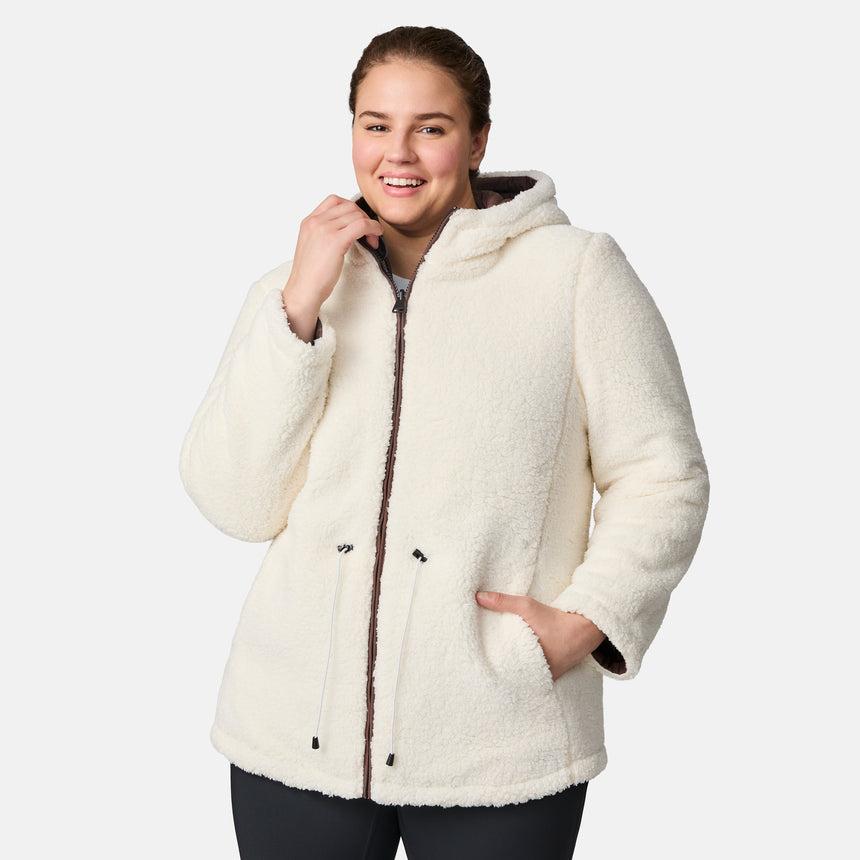 [Karissa is 5’9.5” wearing size 1X.] Women’s quilted brown hooded jacket with diamond pattern, zippered pockets, and drawstring waist — warm, fleece-lined outerwear for cold weather
