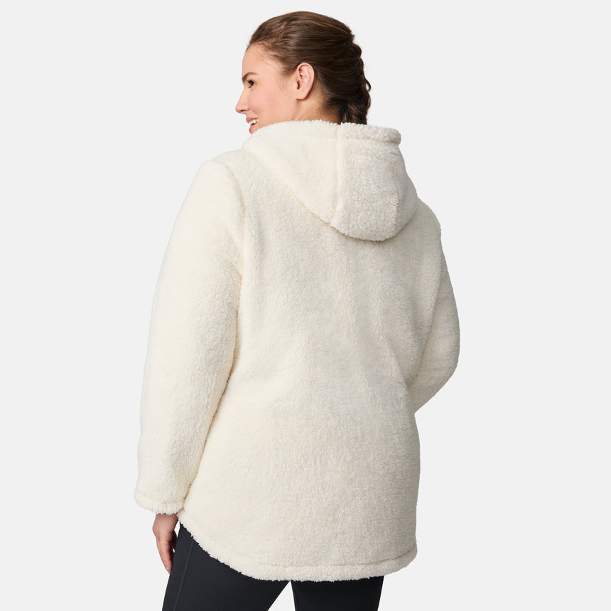 [Karissa is 5’9.5” wearing size 1X.] Women’s quilted brown hooded jacket with diamond pattern, zippered pockets, and drawstring waist — warm, fleece-lined outerwear for cold weather