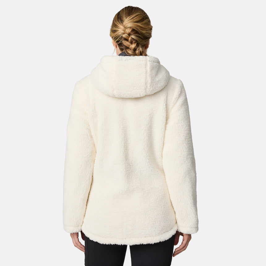 [CJ is 5'10" wearing size S.] Woman wearing Free Country Women's Switch It Up Cloud Lite Reversible Jacket in black with a full front zipper opening, attached hood with adjustable drawcord, diamond quilting, soft lining, and water resistant and wind resistant stretch performance fabric. light grey background. Perfect women’s  jacket for fall weather.