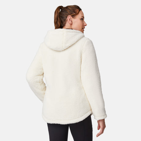 [Emily is 5'9" wearing size S.] Model wearing brown quilted jacket with hood and black pants — reversible design with cream pile interior for cozy, cold-weather layering