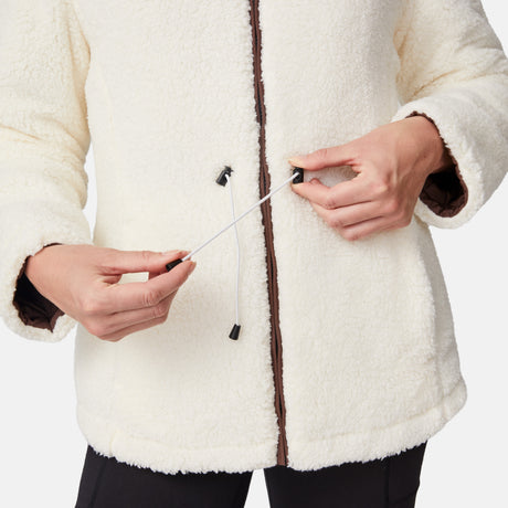[Emily is 5'9" wearing size S.] Model wearing brown quilted jacket with hood and black pants — reversible design with cream pile interior for cozy, cold-weather layering