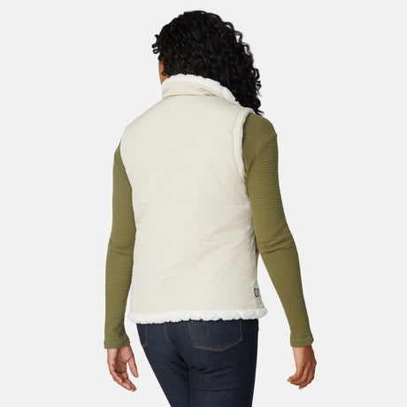 [Angelique is 5'10" wearing size S.] Person wearing a cream-colored vest with green sleeves on a white background