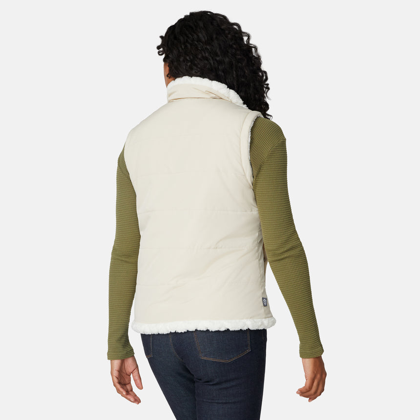 [Angelique is 5'10" wearing size S.] Person wearing a cream-colored vest with green sleeves on a white background