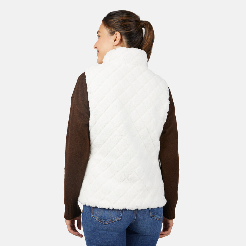 [Olga is 5'9" wearing size S.] Woman wearing a white quilted vest over a brown long-sleeve shirt on a white background