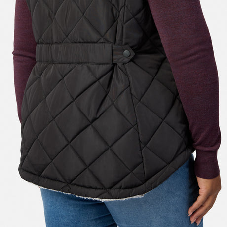 Lower front of black quilted vest with white fleece trim at hem worn over blue jeans.