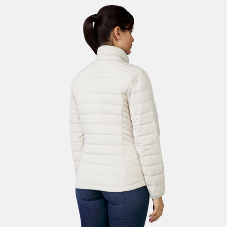 A woman with dark hair in a ponytail is seen from the back, wearing the Clearance Women's Stow & Go Packable Jacket and dark jeans against a plain white background.