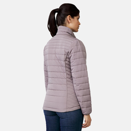 A woman with a ponytail is seen from behind wearing the Clearance Women's Stow & Go Packable Jacket in light gray and blue jeans, standing against a plain light background.