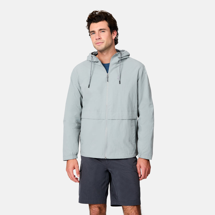 [Jacob is 6’1.5" wearing size M] Man wearing a light gray hooded jacket on a white background