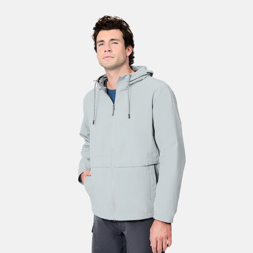 [Jacob is 6’1.5" wearing size M] Man wearing a light gray hooded jacket on a white background