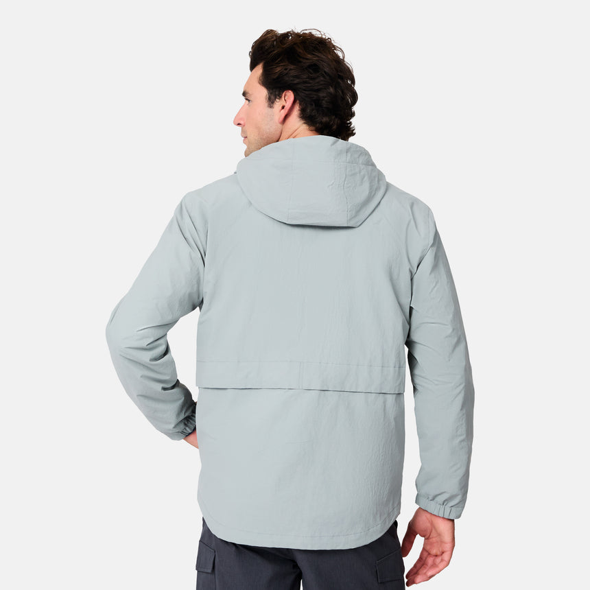 [Jacob is 6’1.5" wearing size M] Back view of man wearing a light gray jacket on a white background