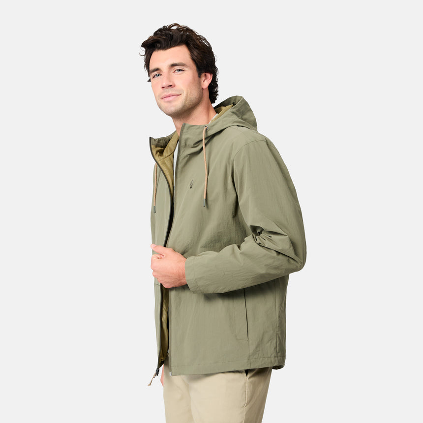 [Jacob is 6’1.5" wearing size M] Man wearing a green jacket on a white background
