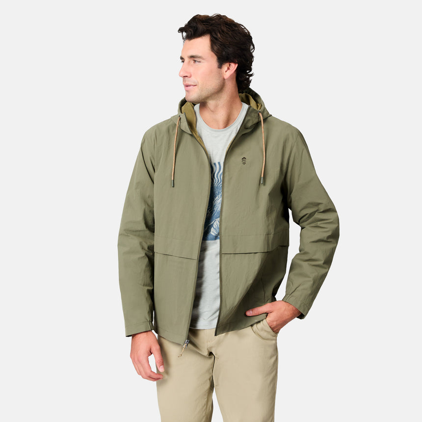 [Jacob is 6’1.5" wearing size M] Man wearing a green jacket on a white background