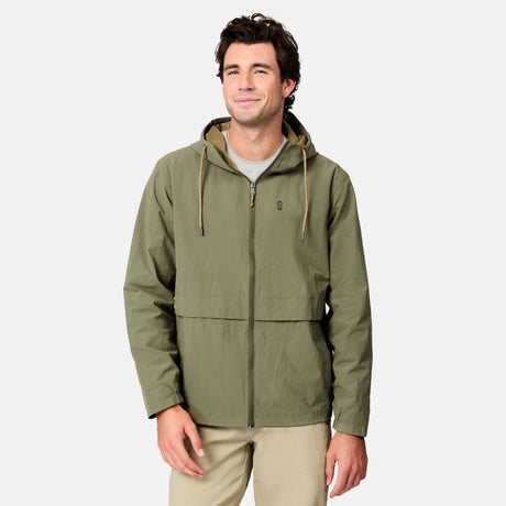 [Jacob is 6’1.5" wearing size M] Man wearing a green hooded jacket on a white background