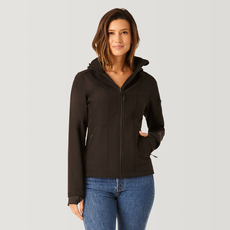 [Natalia is 5’9” wearing a size Small.] Women's FreeCycle® Super Softshell® Jacket - Black #color_black