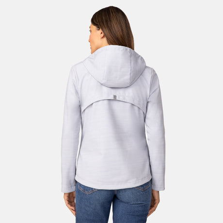 [Olga is 5’9” wearing a size Small.] Woman wearing Free Country Women's Alps Super Softshell® Jacket in textured ligth grey with a full front zipper opening, soft lining, attached hood with adjustable drawcords, and water resistant and wind resistant stretch performance fabric, light grey background. Perfect women’s  jacket for fall weather.