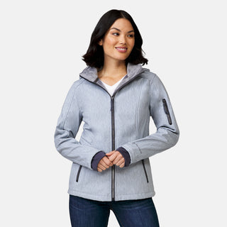 [Megan is 5’6” wearing a size Small.] Woman wearing Free Country Women's Aeris II Super Softshell® Jacket in textured grey with a full front zipper opening, soft lining, detachable hood, and water resistant and wind resistant stretch performance fabric, light grey background. Perfect women’s  jacket for fall weather.