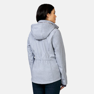 [Megan is 5’6” wearing a size Small.] Woman wearing Free Country Women's Aeris II Super Softshell® Jacket in textured grey with a full front zipper opening, soft lining, detachable hood, and water resistant and wind resistant stretch performance fabric, light grey background. Perfect women’s  jacket for fall weather.