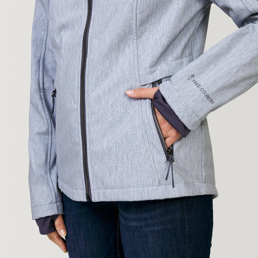 [Megan is 5’6” wearing a size Small.] Women's Aeris II Super Softshell® Jacket - Silver Chip - S #color_silver-chip