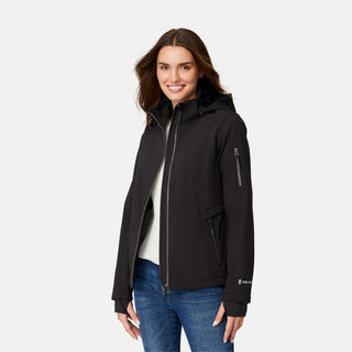 [Jessica is 5'9.5" wearing size S.] Woman wearing Free Country Women's Aeris II Super Softshell® Jacket in black with a full front zipper opening, soft lining, detachable hood, and water resistant and wind resistant stretch performance fabric, light grey background. Perfect women’s  jacket for fall weather.