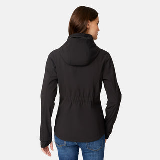 [Jessica is 5'9.5" wearing size S.] Woman wearing Free Country Women's Aeris II Super Softshell® Jacket in black with a full front zipper opening, soft lining, detachable hood, and water resistant and wind resistant stretch performance fabric, light grey background. Perfect women’s  jacket for fall weather.
