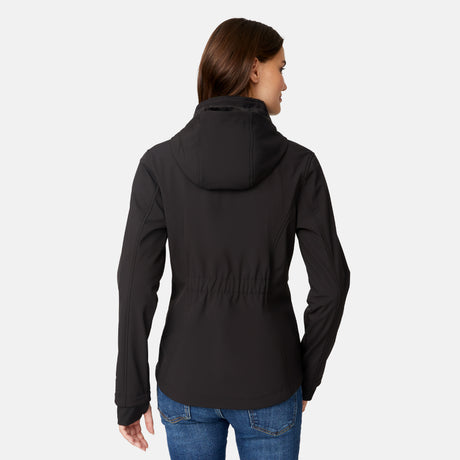 [Jessica is 5'9.5" wearing size S.] Woman wearing Free Country Women's Aeris II Super Softshell® Jacket in black with a full front zipper opening, soft lining, detachable hood, and water resistant and wind resistant stretch performance fabric, light grey background. Perfect women’s  jacket for fall weather.