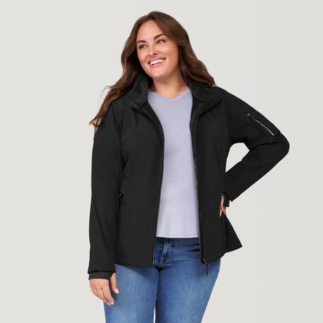 [Model is wearing a size 1X.] Women's Plus Size Aeris II Super Softshell® Jacket - Black - 1X #color_black