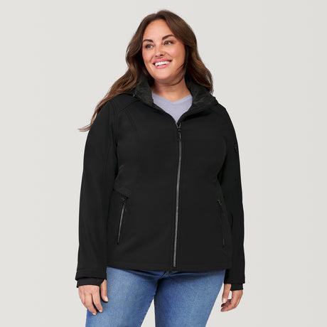 [Model is wearing a size 1X.] Women's Plus Size Aeris II Super Softshell® Jacket - Black - 1X #color_black